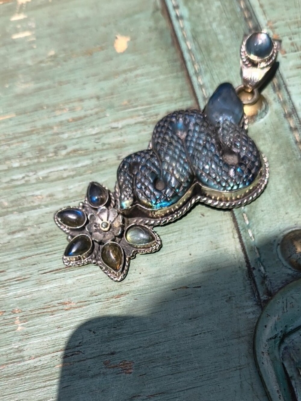 GORGEOUS HUGE STATEMENT Labradorite Snake Tibetan Silver Pendant Boho Chic Goth - Picture 4 of 11